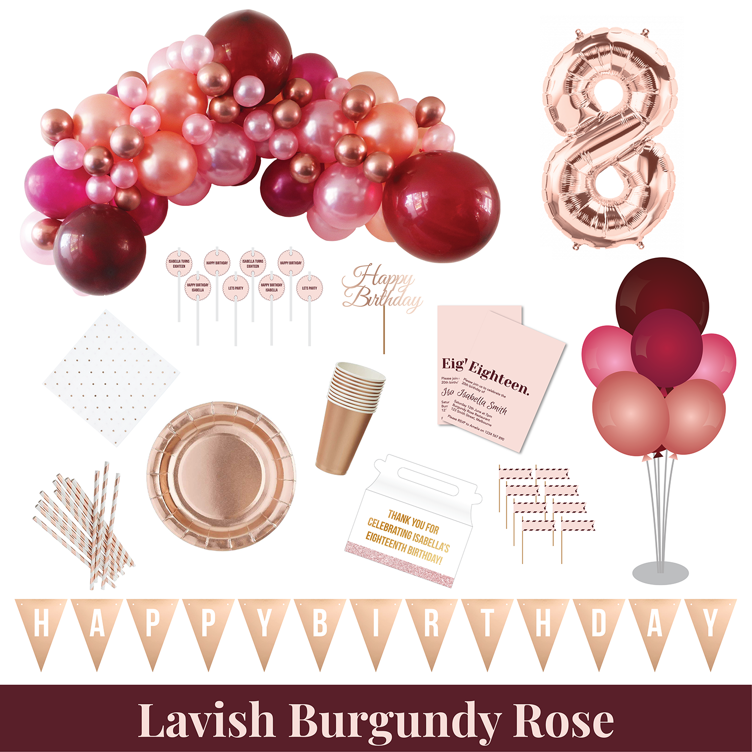 Lavish Burgundy Rose party kit contents