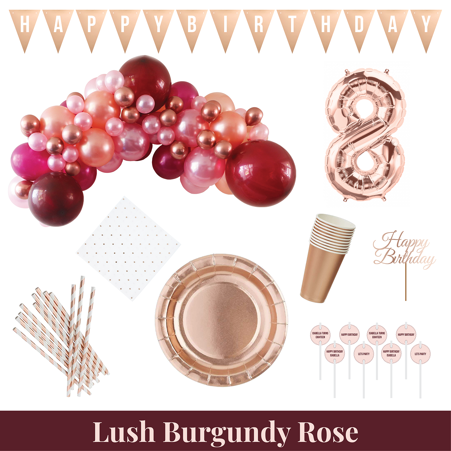 Lush Burgundy Rose party kit contents