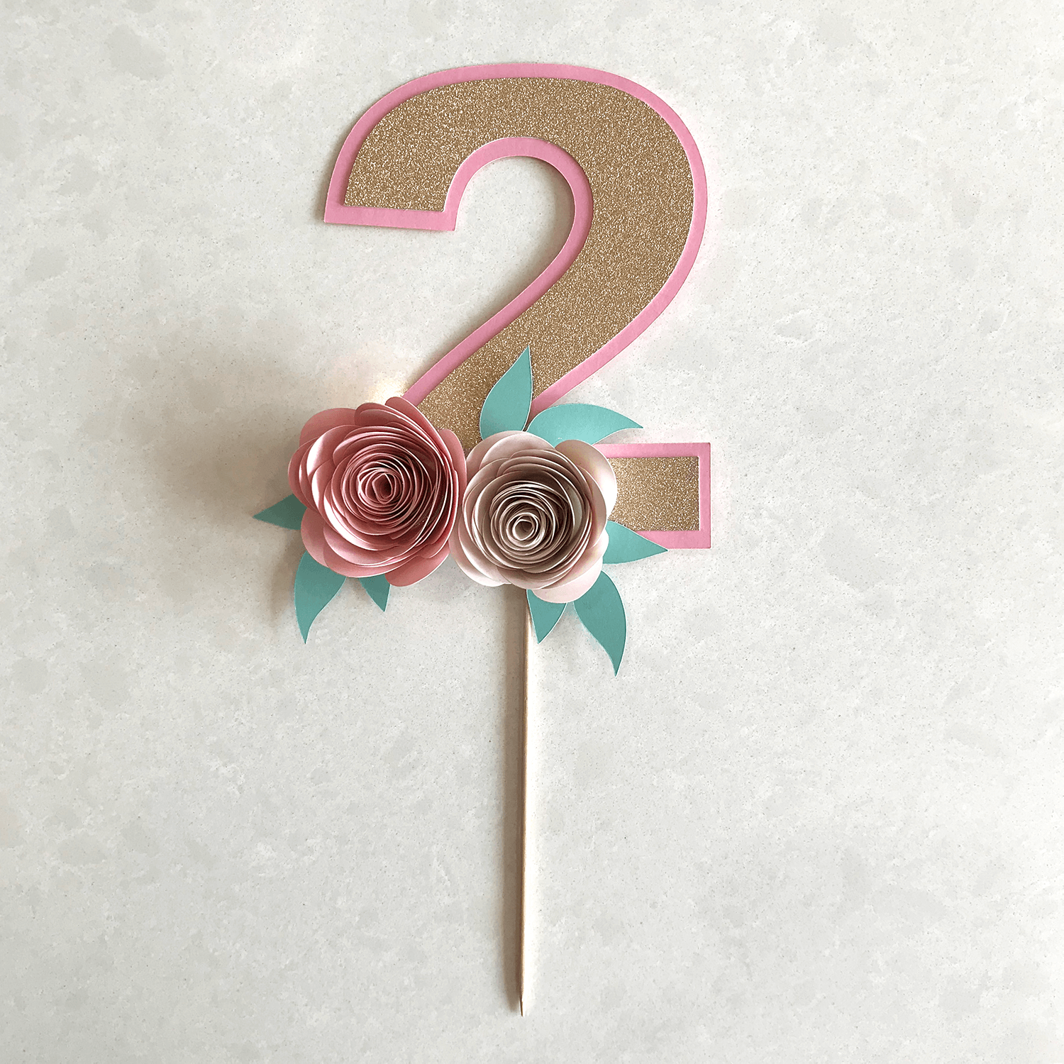 pink and rose gold floral cake topper